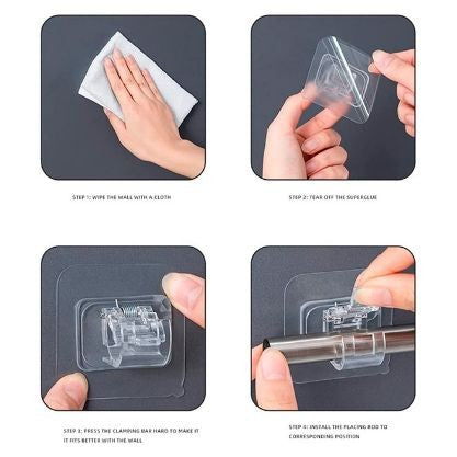 Cârlige adezive transparente aplicate în bucătărie pentru ustensile, vedere de ansamblu