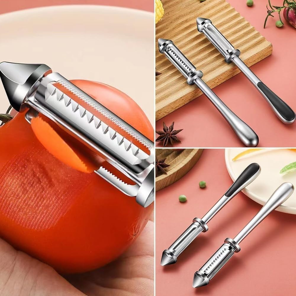 Peeler 2in1 pentru Legume si Fructe, Vivimall, Multifunctional, cu 2 Lame de Curatati si Feliat, Varf Ascutit pentru Gaurit, 18 cm, din Otel Inoxidabil, Argintiu/Negru - vivimall.ro