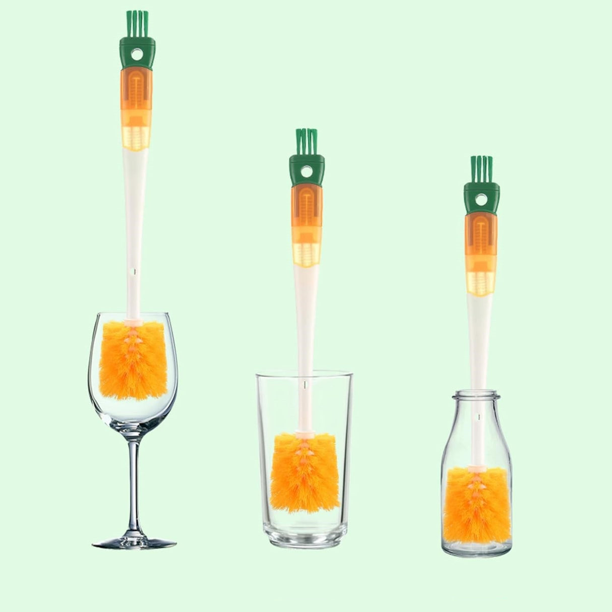 Perie 5 in 1 de Curatat Pahare, Cani, Sticle, Vivimall, cu Maner Lung, Accesorii pentru Spalarea Paielor si Capacelor, Usor de Agatat, 36x7x7cm, Portocaliu-Alb - vivimall.ro