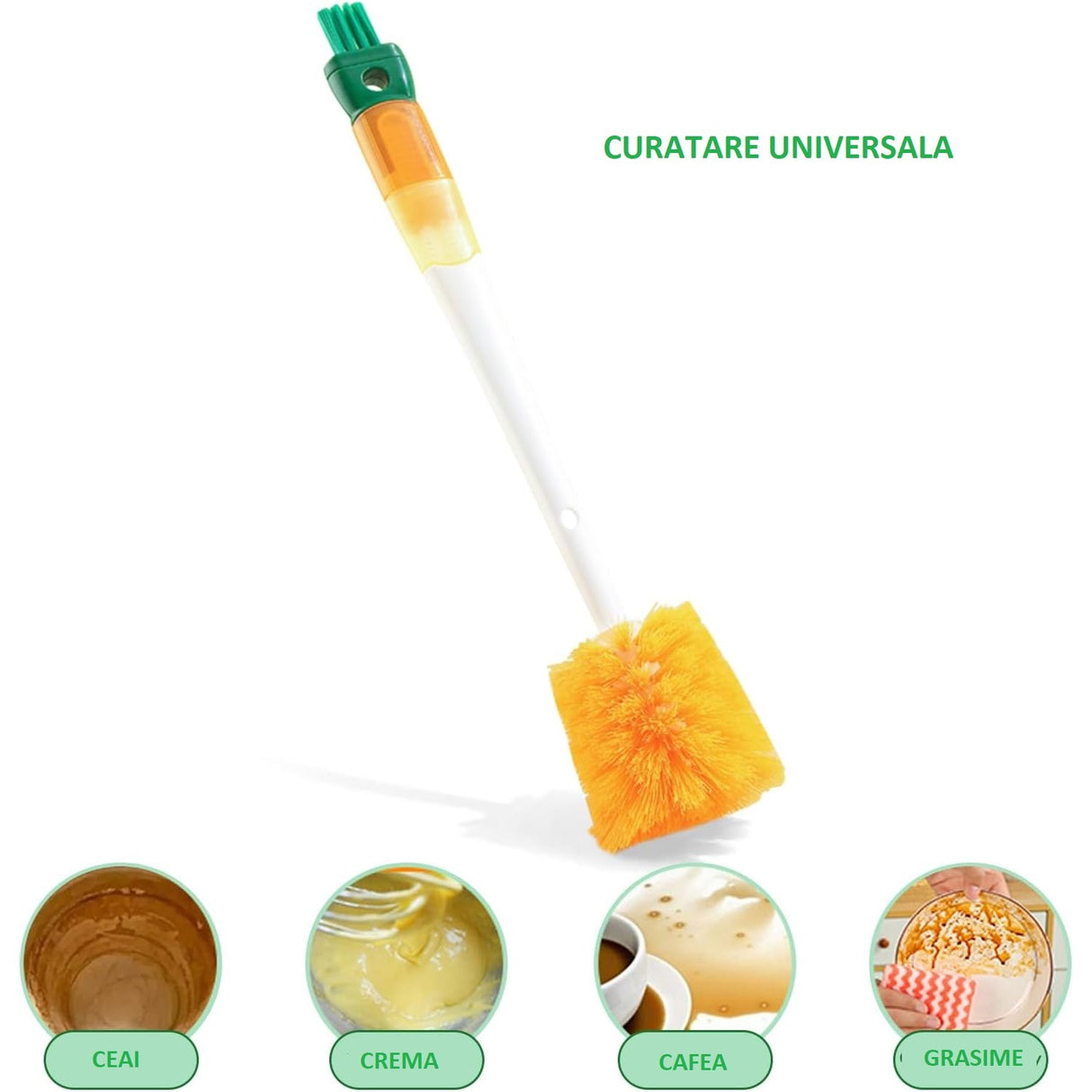 Perie 5 in 1 de Curatat Pahare, Cani, Sticle, Vivimall, cu Maner Lung, Accesorii pentru Spalarea Paielor si Capacelor, Usor de Agatat, 36x7x7cm, Portocaliu-Alb - vivimall.ro