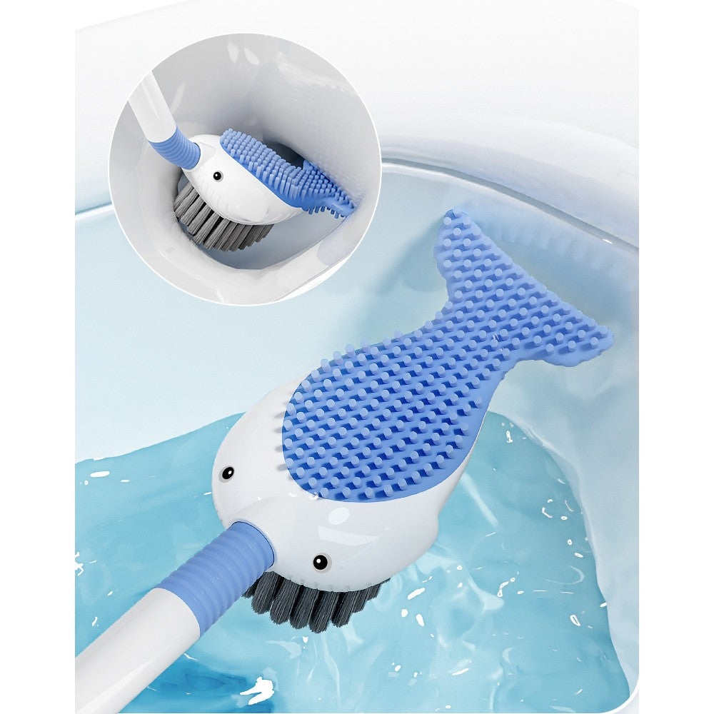Perie de Toaleta, Flippy, cu Suport de Perete, Recipient Detergent, 2 Tipuri de Perii, Model Balena, Albastru