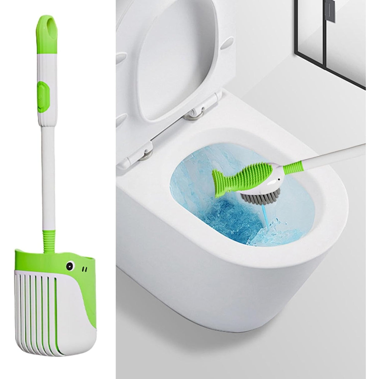 Perie de Toaleta, Flippy, cu Suport de Perete, Recipient Detergent, 2 Tipuri de Perii, Model Balena, Verde