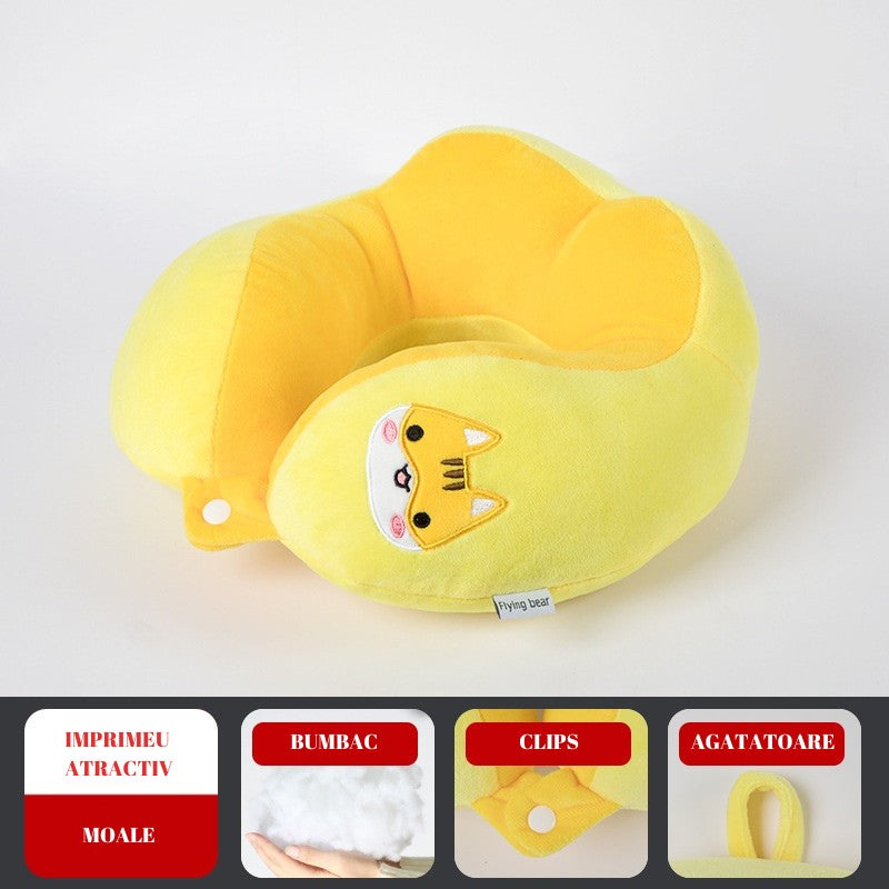Perna de Calatorie, Flippy, Pentru Gat si Cap, Umplutura din Bumbac, 28x28x10 cm, cu Model Brodat Pisica, Galben