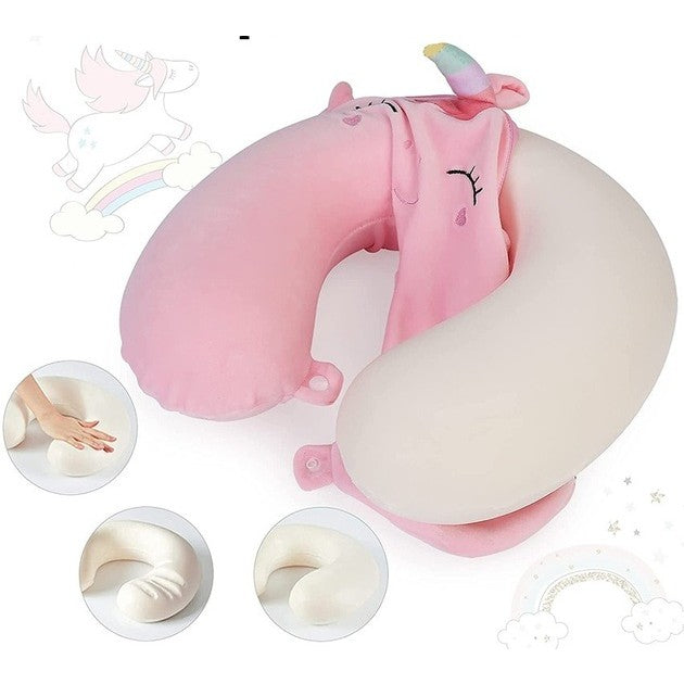 Perna de Calatorie in Forma de U, Flippy, Pentru Gat si Cap, Umplutura din Spuma cu Memorie, 30x30 cm, Model Iepuras, Accesoriu de Voiaj, Birou, Masina, Sistem Prindere Capse, Roz