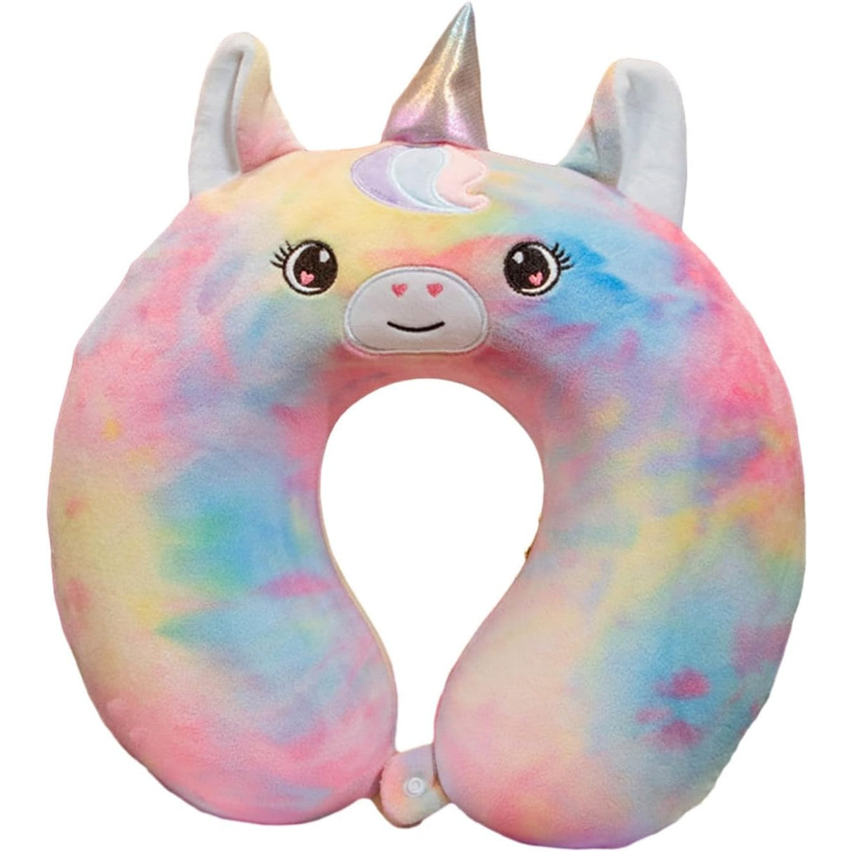 Pernă călătorie spumă cu memorie model Unicorn multicolor, formă U, 30x30 cm, vedere frontală