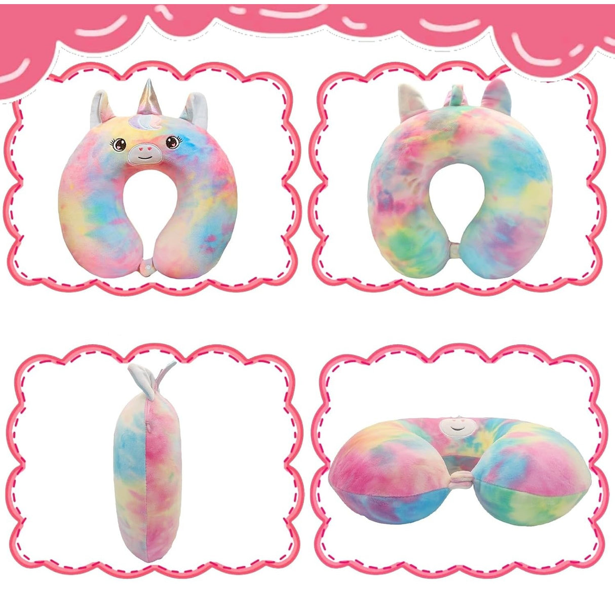 Pernă călătorie formă U model Unicorn, sistem prindere capse, vedere lateral-spate