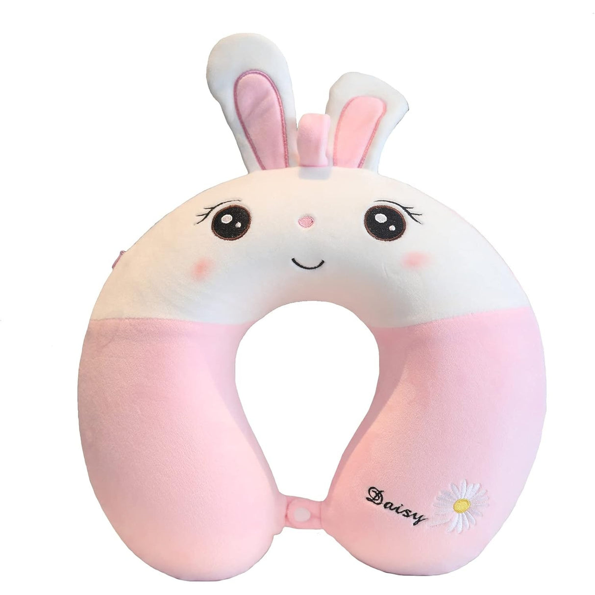 Perna de Calatorie in Forma de U, Flippy, Pentru Gat si Cap, Umplutura din Spuma cu Memorie, 30x30 cm, Model Iepuras, Accesoriu de Voiaj, Birou, Masina, Sistem Prindere Capse, Roz-Alb