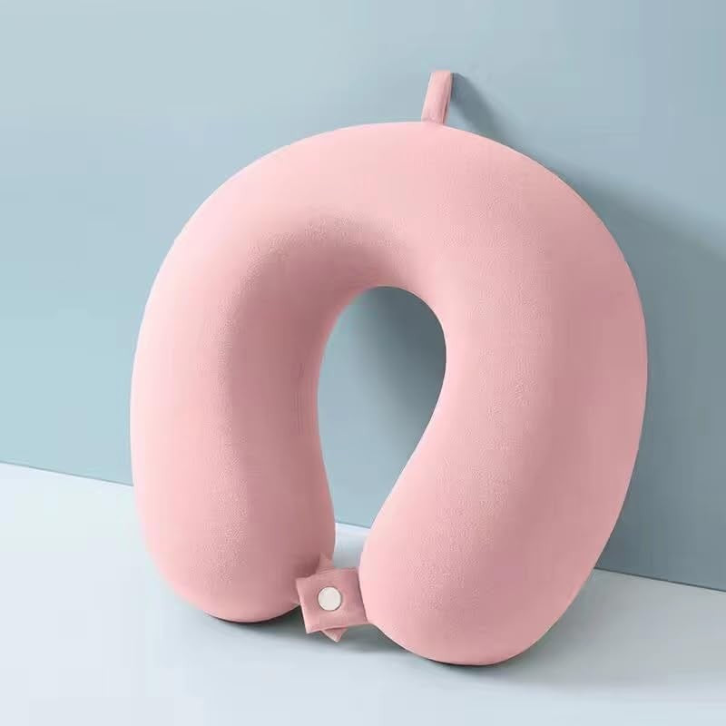 Perna de Calatorie in Forma de U, Flippy, Pentru Gat si Cap, Umplutura din Spuma cu Memorie, 30x30 cm, Sistem Prindere Capse, Cutie de Depozitare, Roz