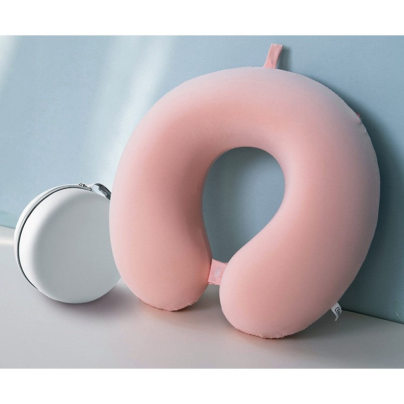 Perna de Calatorie in Forma de U, Flippy, Pentru Gat si Cap, Umplutura din Spuma cu Memorie, 30x30 cm, Sistem Prindere Capse, Cutie de Depozitare, Roz