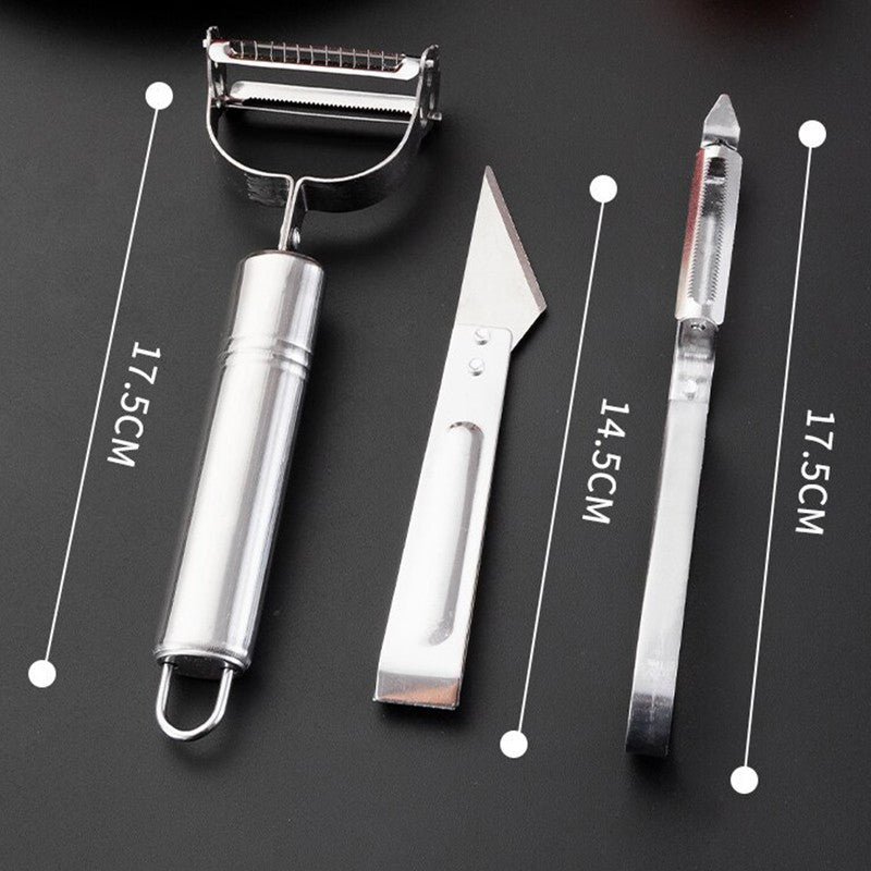 Accesorii de Curatat Decojit Fructe Legume, Vivimall, Set 3 Piese, Feliator Cutit Decojitor, Legume si Fructe, din Otel Inoxidabil, cu Maner, Argintiu - vivimall.ro