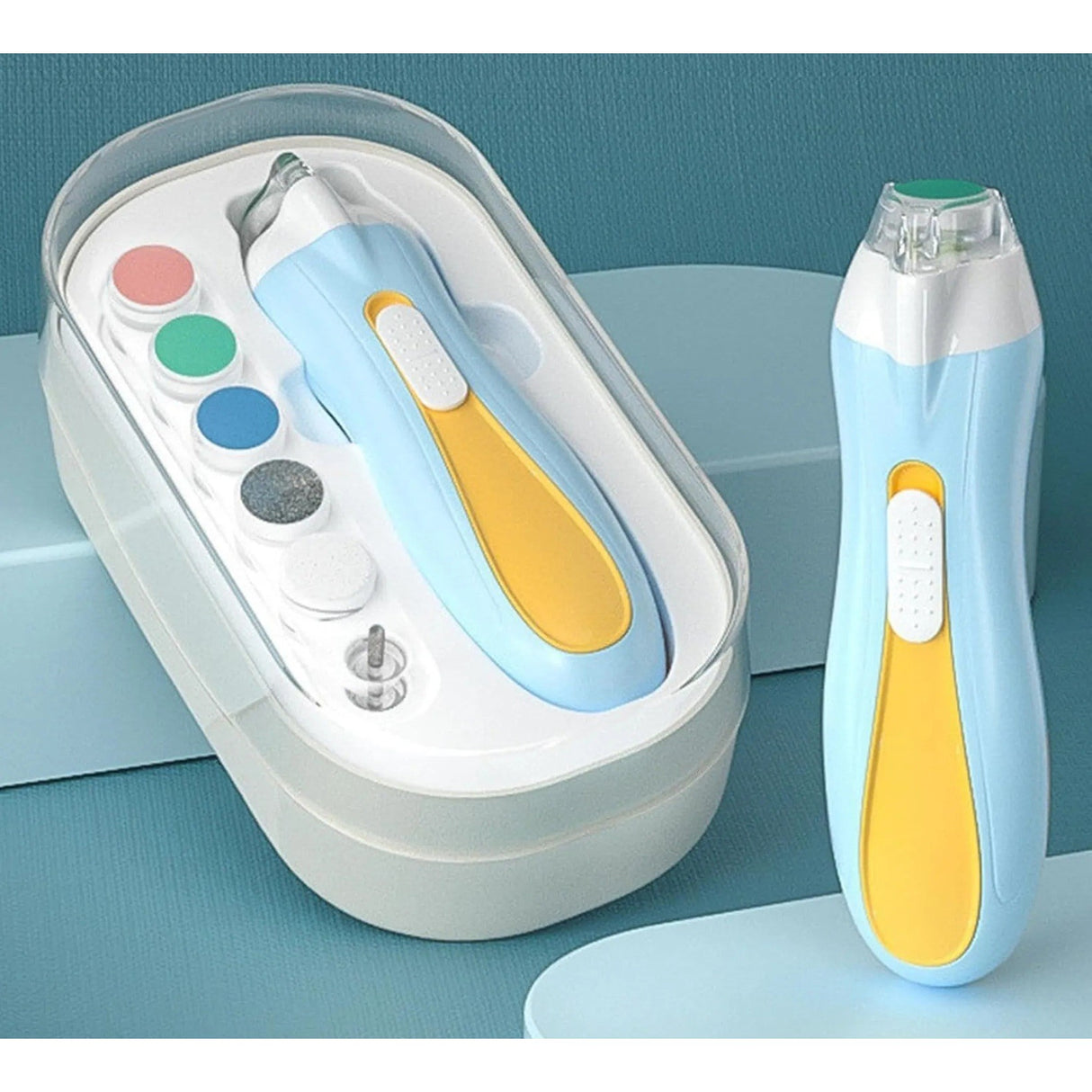 Pila Electrica, Vivimall, pentru Copii si Bebelusi, din ABS, 6 Accesorii, cu Lumina LED, 9.5 x 6 x 17 cm, Albastru/Portocaliu