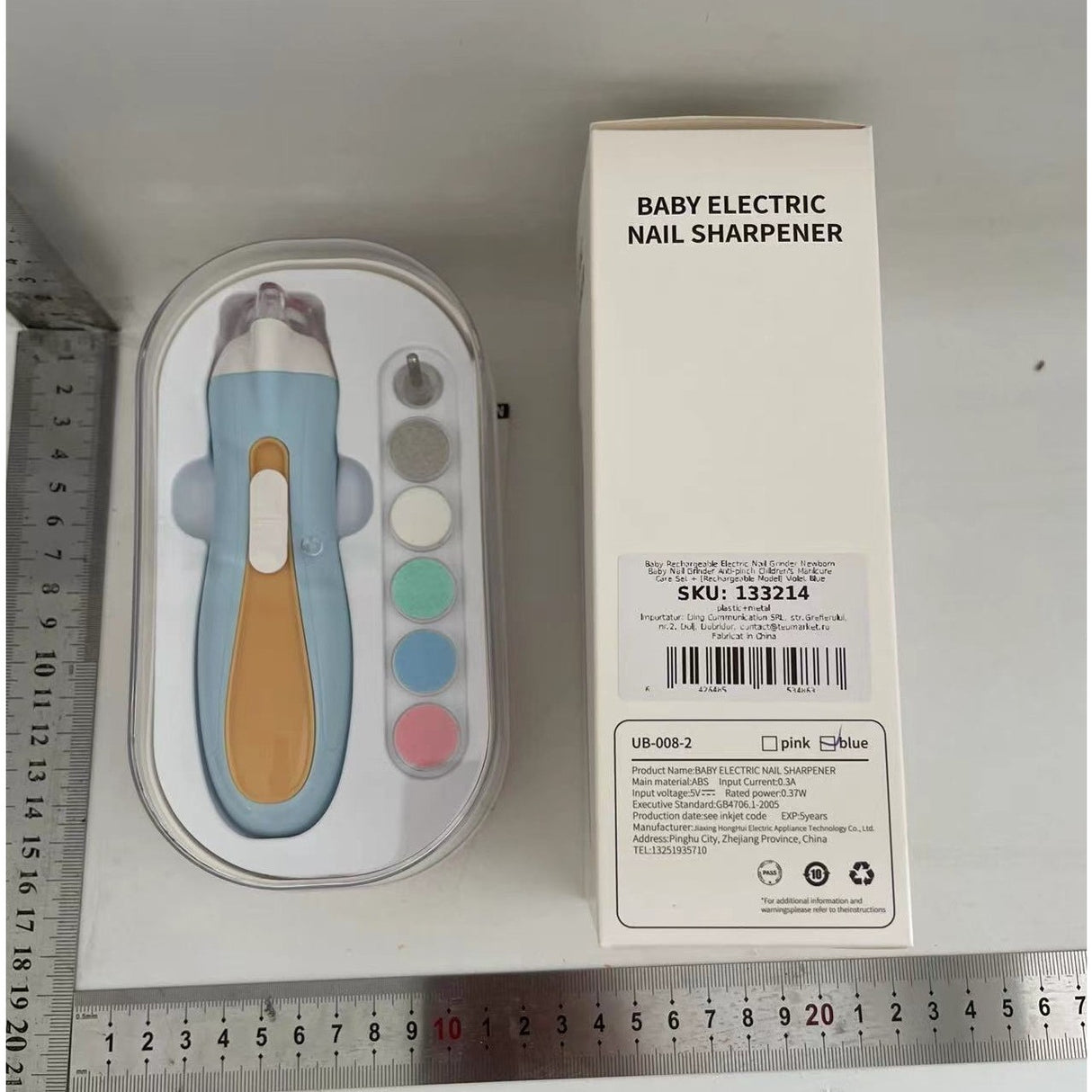 Pila Electrica, Vivimall, pentru Copii si Bebelusi, din ABS, 6 Accesorii, cu Lumina LED, 9.5 x 6 x 17 cm, Albastru/Portocaliu