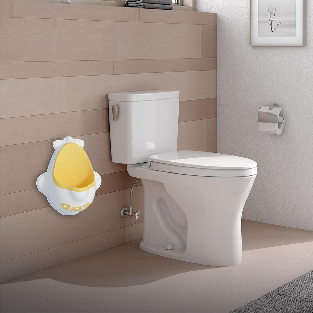 Pisoar pentru Baieti, Vivimall, 0-8 Ani, in Forma de Avion, Perie Inclusa, Montare pe Perete, Carlig Autoadeziv Inclus, 29 x 33.5 cm, Alb/Galben - vivimall.ro