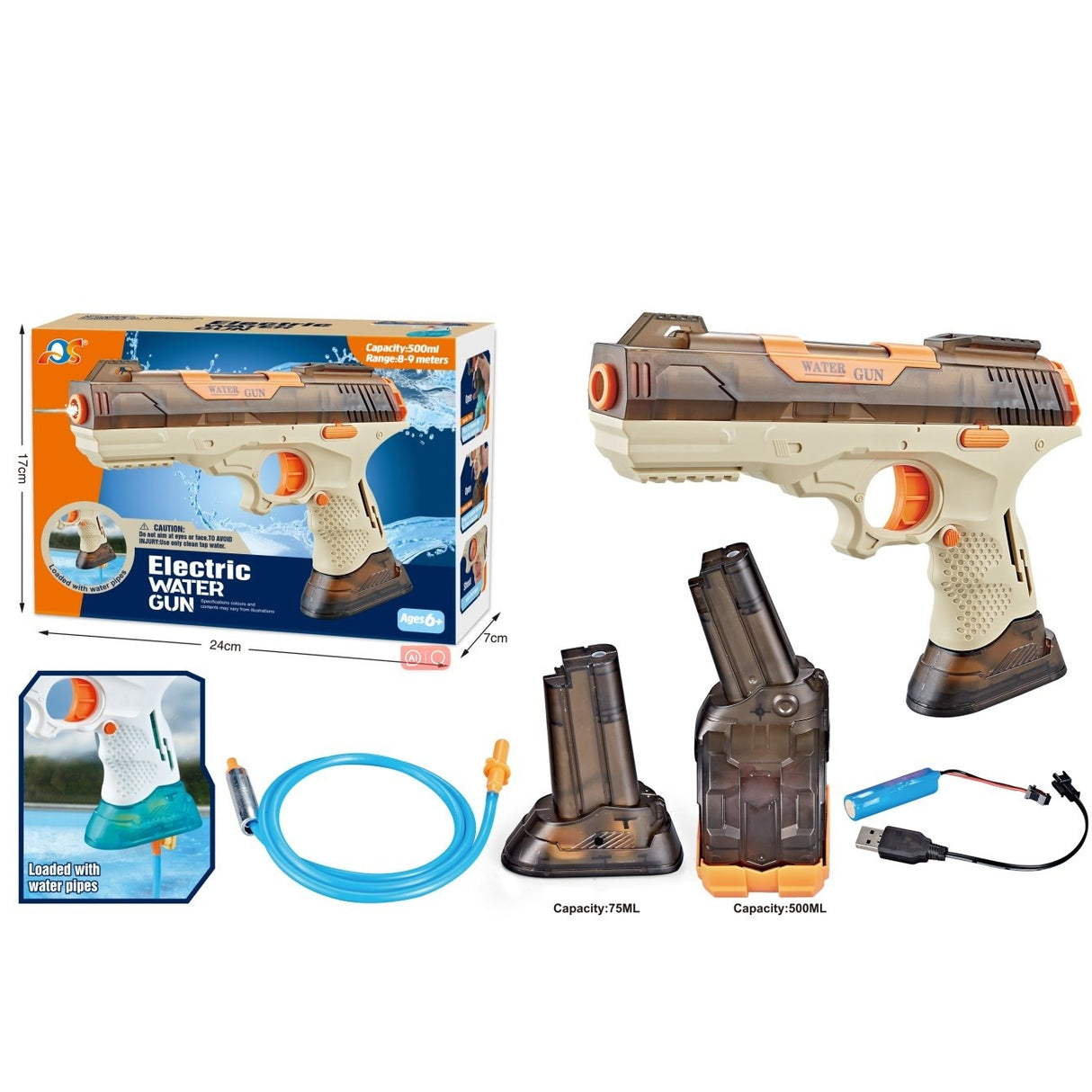 Pistol cu Apa Electric, Flippy, 2 Rezervoare 75/350 ml, din ABS+Silicon, Baterie, Incarcare USB, Conectare la Furtun, +6 Ani, Maro