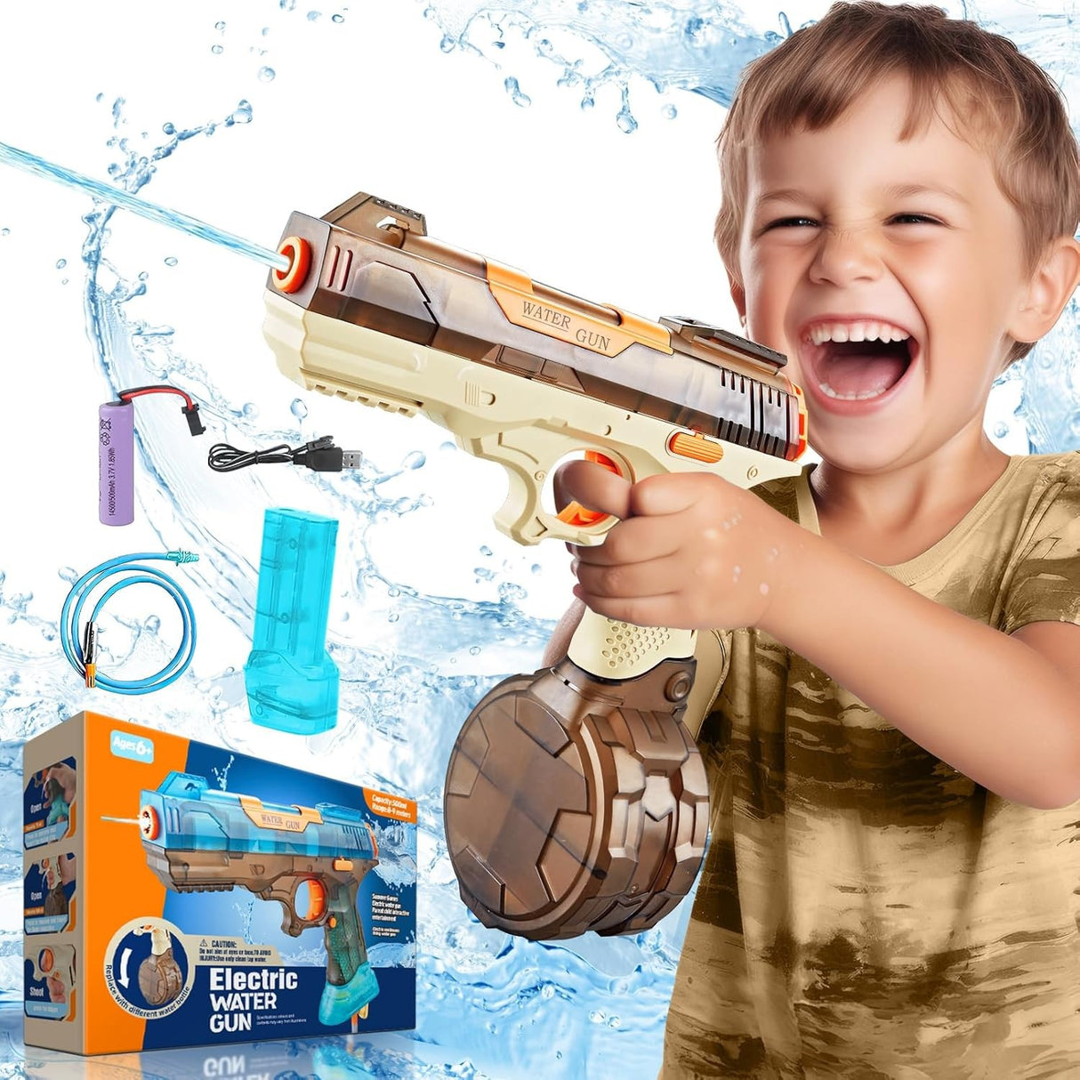 Pistol cu Apa Electric, Flippy, 2 Rezervoare 75/350 ml, din ABS+Silicon, Baterie, Incarcare USB, Conectare la Furtun, +6 Ani, Maro