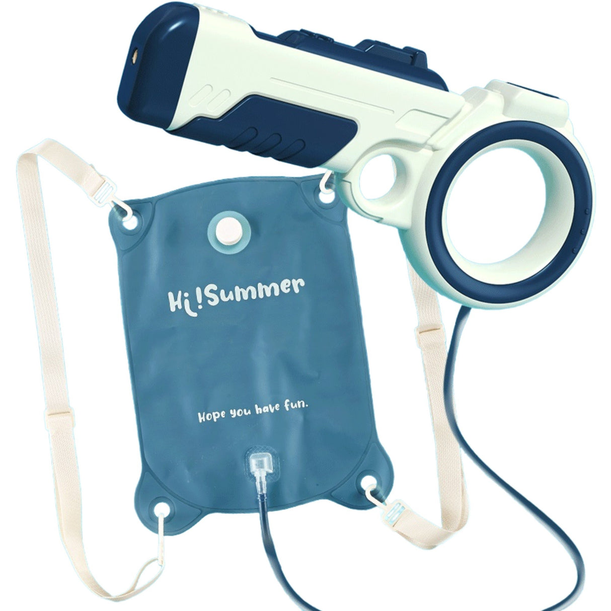 Pistol cu apa pentru copii Vivimall, rezervor tip ghiozdan, 1500 ml, reglabil, material ABS/silicon, distanta improscare 8 metri, tragaci cu presiune, 12.5 x 28 cm, albastru - vivimall.ro