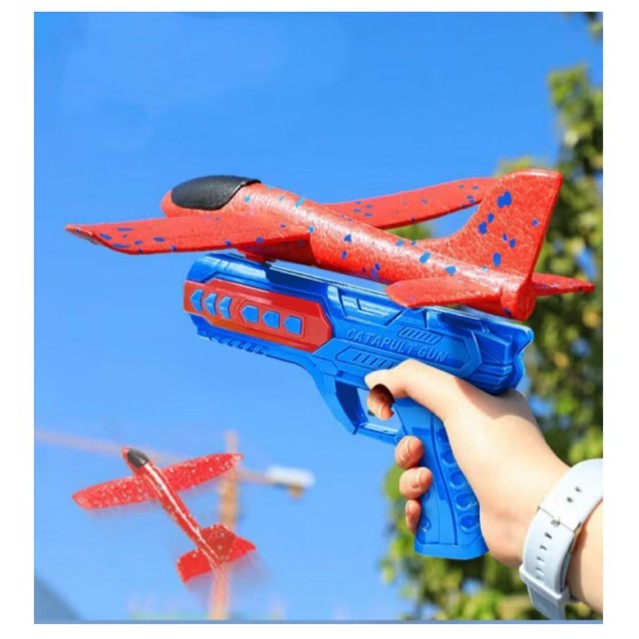 Pistol cu Lansator de Avion, Vivimall, din Polistiren+Plastic, +3 Ani, Avion 24 cm, Lansare 10 m, cu Lumini, Albastru/Rosu