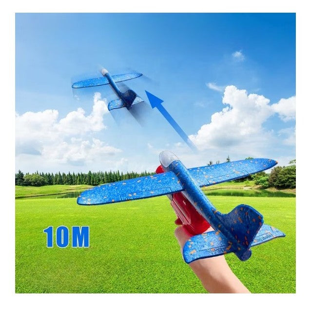 Pistol cu Lansator de Avion, Vivimall, din Polistiren+Plastic, +3 Ani, Avion 24 cm, Lansare 10 m, Rosu/Albastru