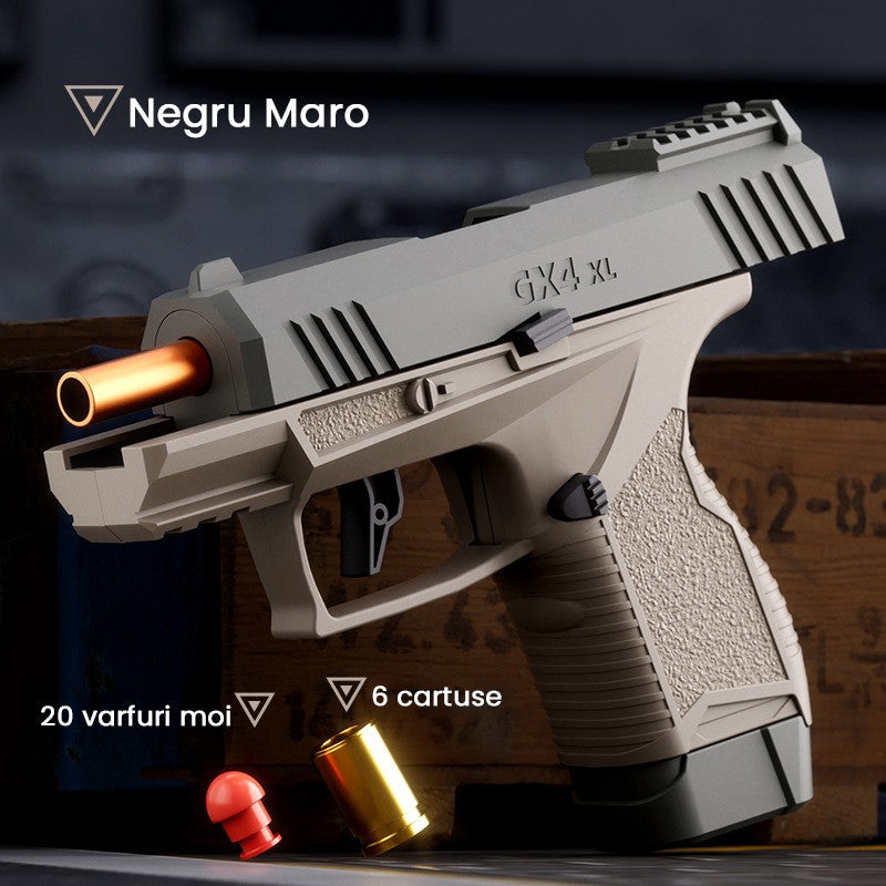 Pistol de jucarie GX4 cu Ejectie, Vivimall, de Explozie de buzunar, Makara BLOWBACK, Gloante Moi pentru Copii, 15 x 13 x 3.5 cm, Negru Maro - vivimall.ro