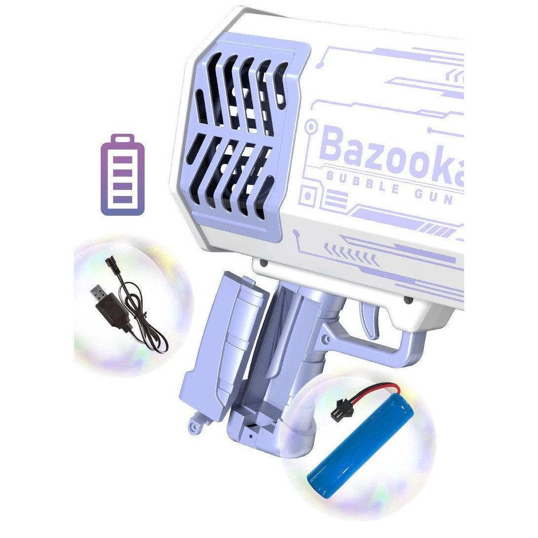 Pistol pentru Baloane de Sapun, Vivimall, 69 de Gauri, Lumini Colorate, Tavita, Lichid, Baterie de Li, Cablu de Incarcare, 24cm x 14cm x 24cm, Mov - vivimall.ro