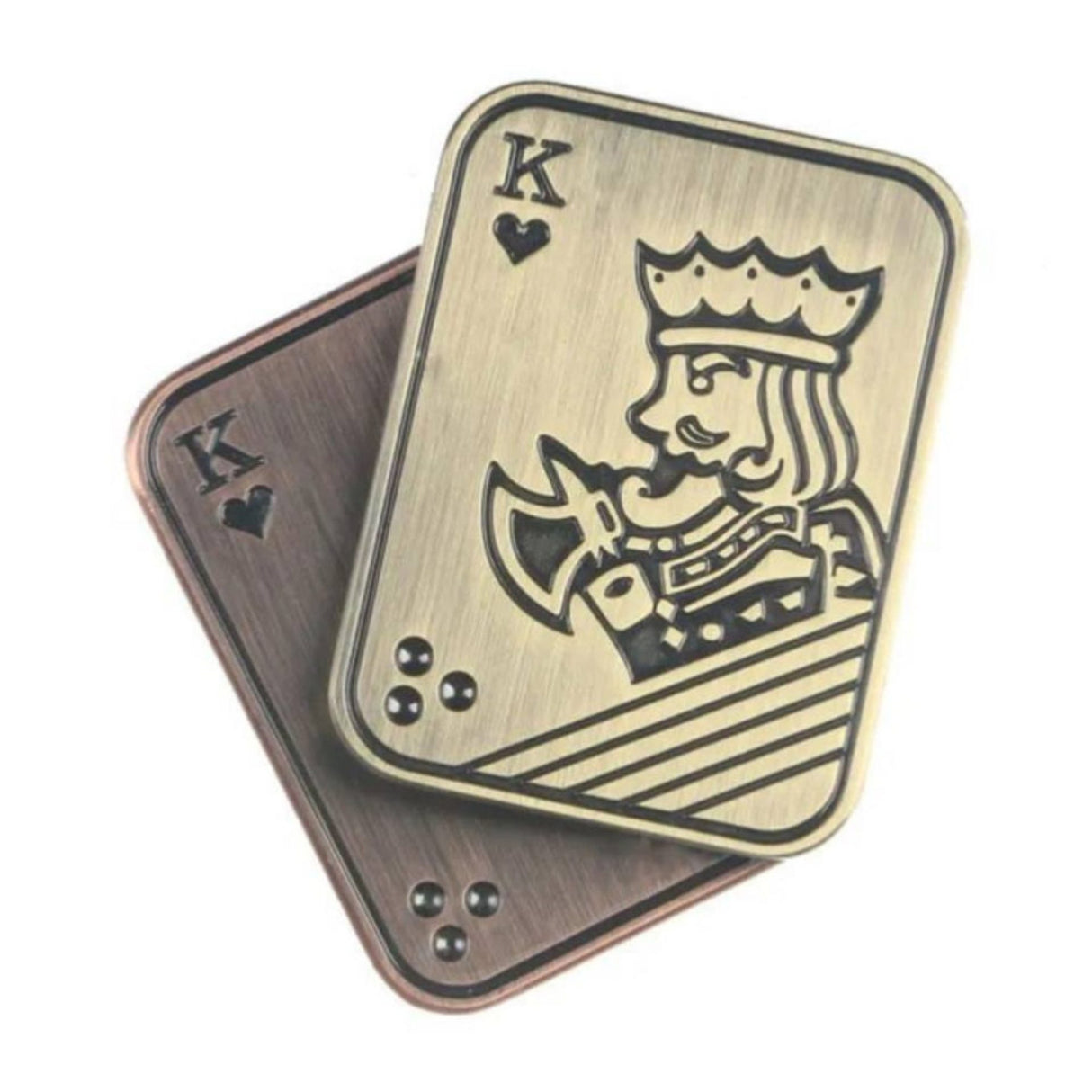 Fidget Slider Flippy din oțel inoxidabil auriu, model Poker King, vedere frontală cu gravură laser