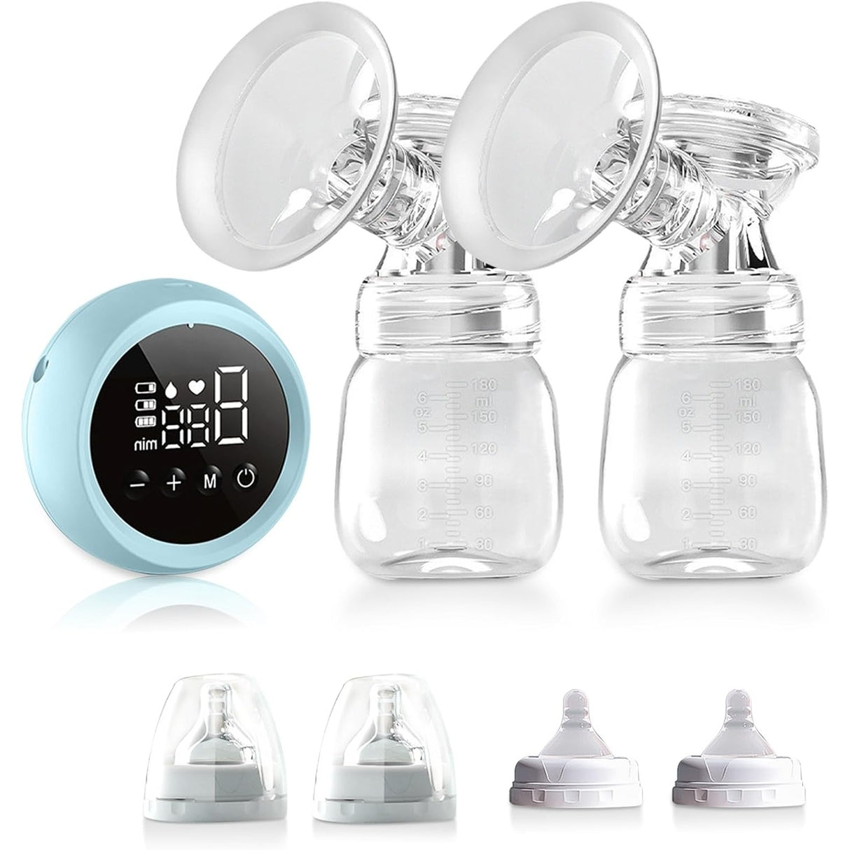 Pompa de San Electrica 2 in 1, Flippy, cu 2 Biberoane, Capacitate 180 ml, Incarcare USB Tip C, 1200 mAh, 2 Moduri, 9 Viteze, Albastru Transparent