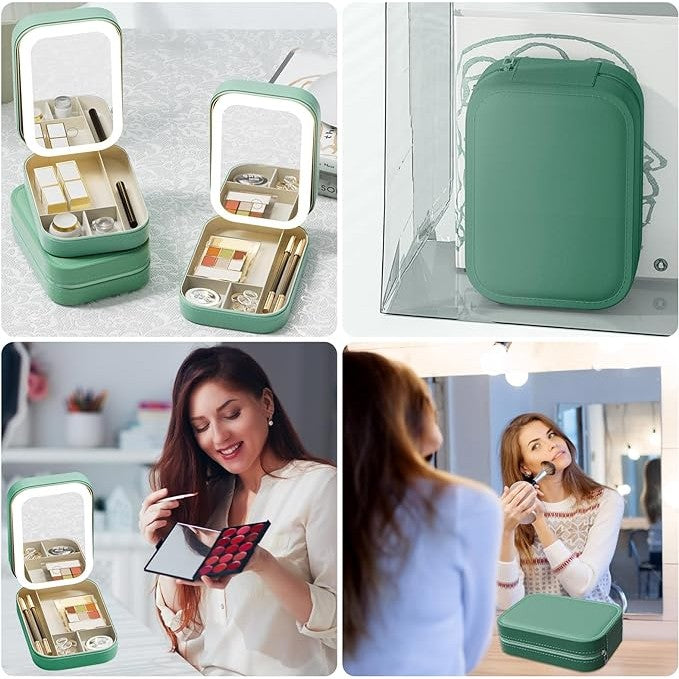 Portfard, Vivimall, Geanta Cosmetice, cu Oglinda LED, 3 Moduri de Lumina, Incarcare USB, Baterie 1200 mAh, pentru Organizarea Cosmeticelor, 4 Compartimente, Imitatie Piele, Verde, 16.5x11.5x6 cm - vivimall.ro