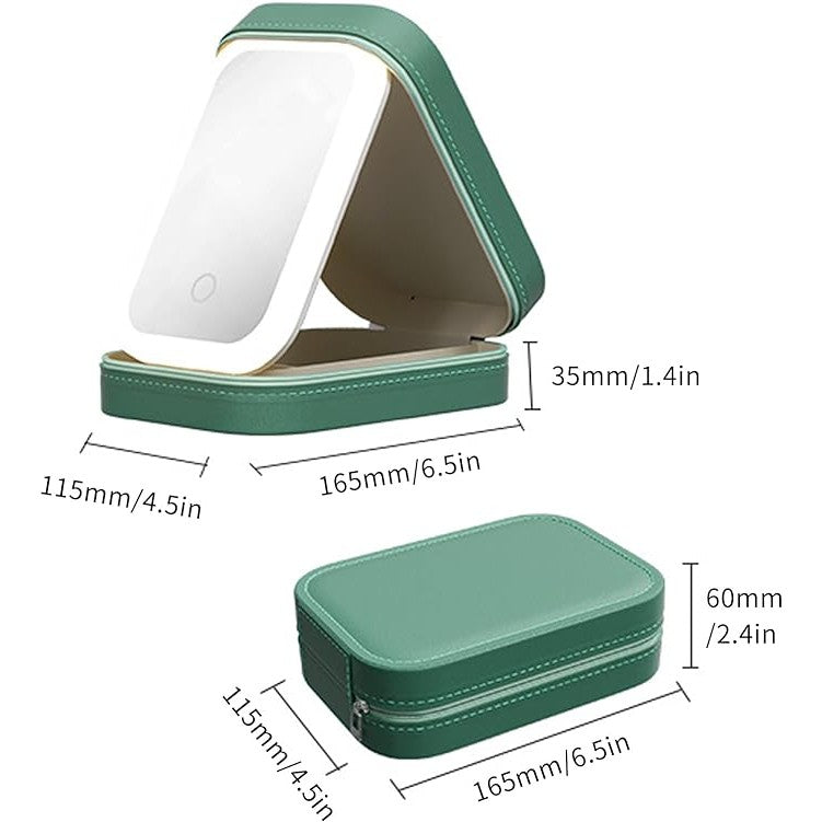 Portfard, Vivimall, Geanta Cosmetice, cu Oglinda LED, 3 Moduri de Lumina, Incarcare USB, Baterie 1200 mAh, pentru Organizarea Cosmeticelor, 4 Compartimente, Imitatie Piele, Verde, 16.5x11.5x6 cm - vivimall.ro