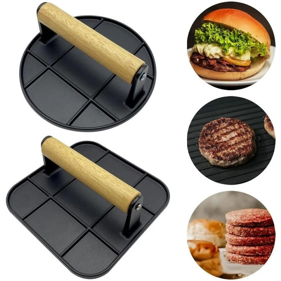 Presa Manuala pentru Carne, Vivimall, din Aliaj de Aluminiu, Maner din Lemn, Presa pentru Burgeri, Usor de Curatat si Folosit, Patrata, 16x16x6 cm, Neagra - vivimall.ro