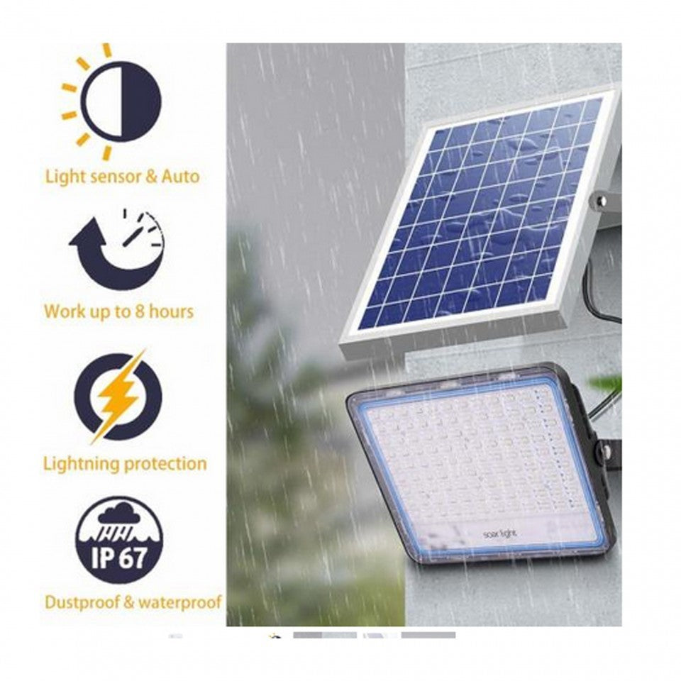 Proiector LED cu Panou Solar Flippy, Senzor lumina, Waterproof, 396 LED-uri incorporate, 200W, 30x24 cm, IP67, Design Modern, Negru