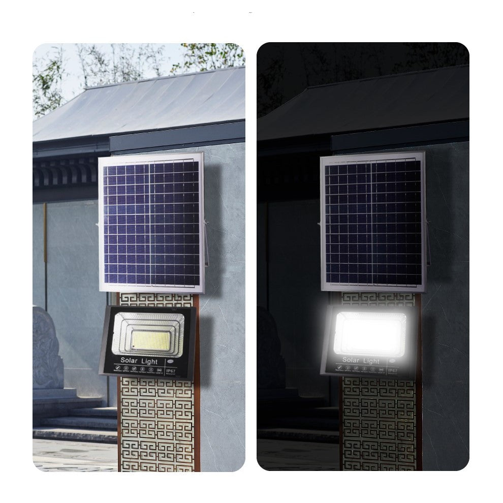 Proiector LED/Lampa solara de exterior Flippy, 20 cm x 25cm, Rezistent la Apa IP67, cu Panou Solar, 220 LED SMD, 65W, Senzor de lumina, Timer, cu Telecomanda, 2 moduri de iluminat, kit montaj inclus, Lumina Rece