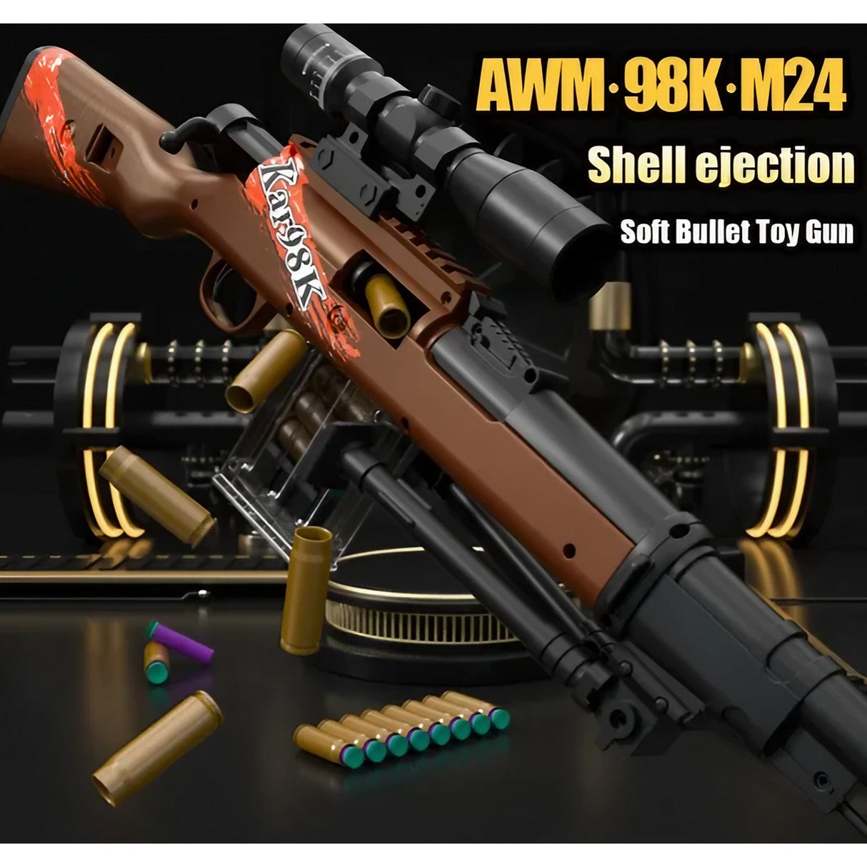 Pusca de Jucarie 98K Ultrarealista, Vivimall, Manuala, cu Luneta, 10 de Proiectile din Spuma Moale, 5 Cartuse, 103 cm, 14 ani+, Maro - vivimall.ro