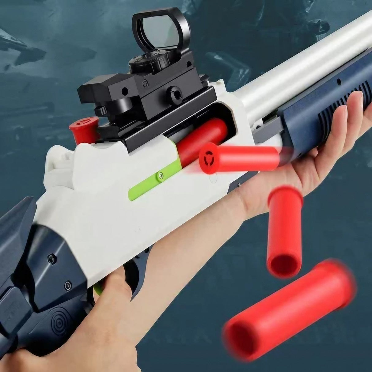 Pusca de Jucarie S686 Ultrarealista, UDL XM1014, Vivimall, Manuala, cu Luneta, 10 de Proiectile din Spuma Moale, 5 Cartuse, 80 cm, 8 ani+, Alb - vivimall.ro