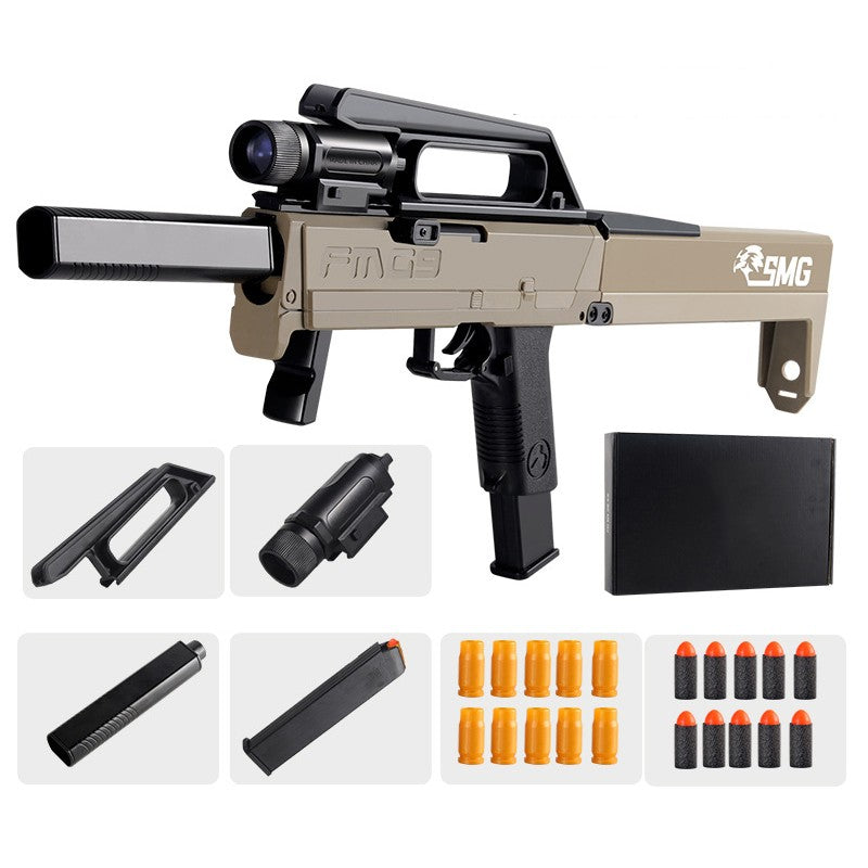 Pusca Mitraliera de Jucarie Pliabila, Vivimall, cu 10 Gloante Moi Reutilizabile de Gel incluse, Varsta 14+, 69 x 35 x 5 cm, Maro deschis - vivimall.ro