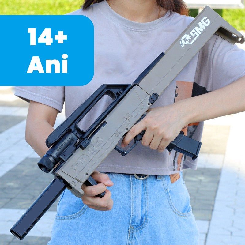 Pusca Mitraliera de Jucarie Pliabila, Vivimall, cu 10 Gloante Moi Reutilizabile de Gel incluse, Varsta 14+, 69 x 35 x 5 cm, Maro deschis - vivimall.ro