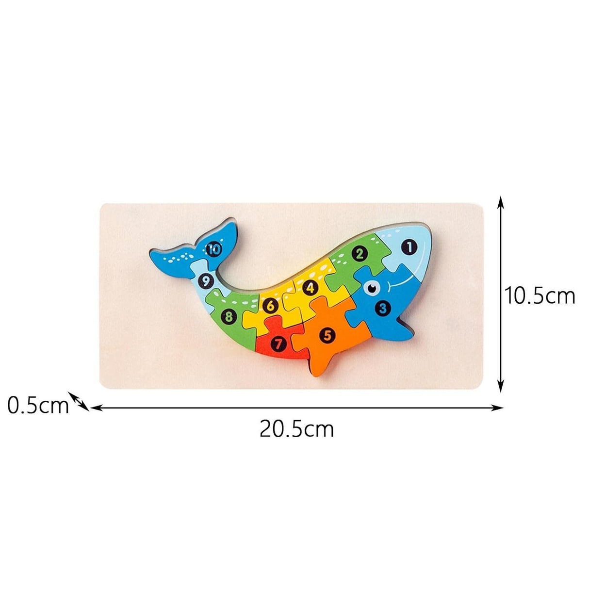 Puzzle lemn 3D Flippy model Balenă asamblat, detaliu culori vibrante și textură lemn natural