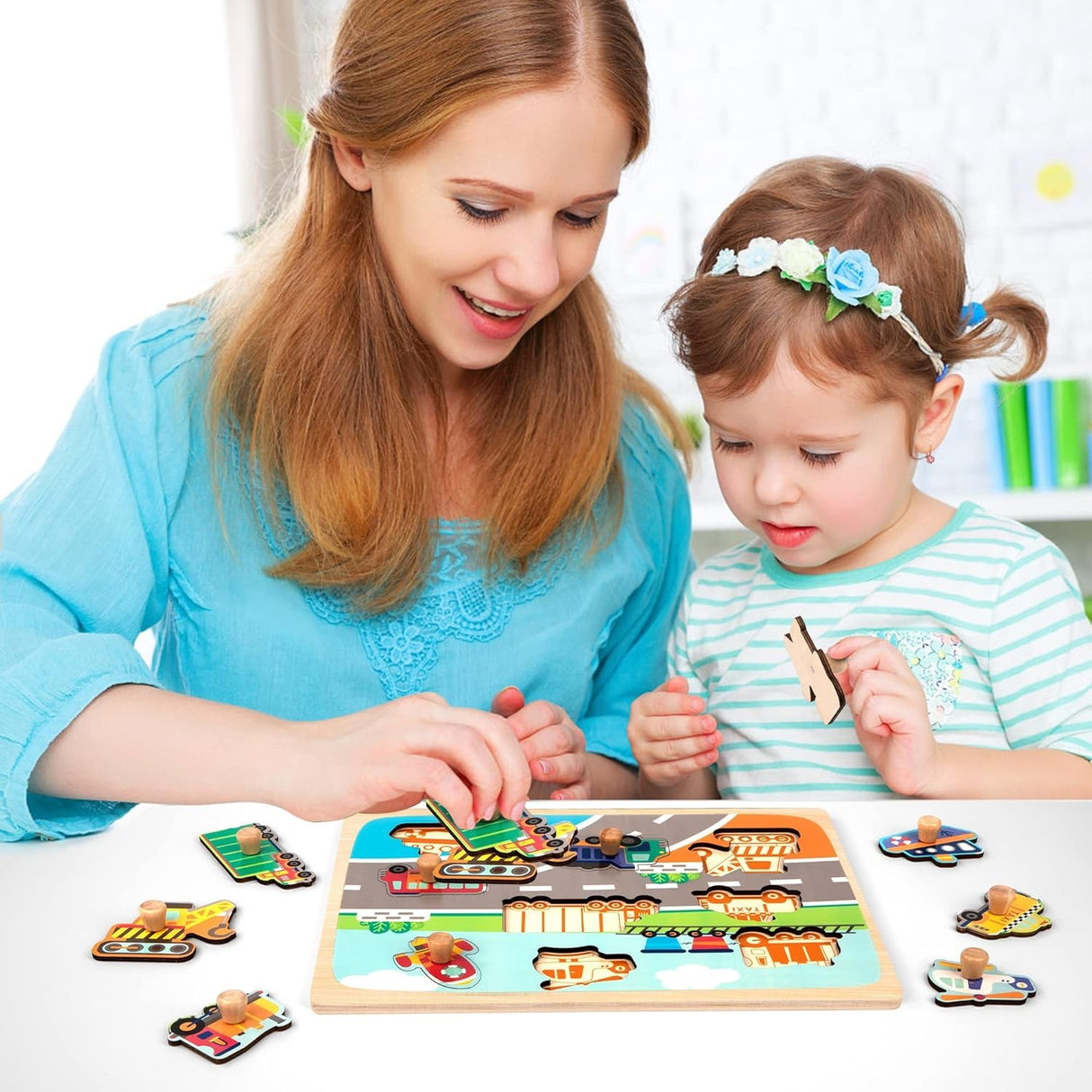 Puzzle Montessori din Lemn pentru Copii, Vivimall, 0-3 Ani, 3D, Model Transporturi, Educativ, Intuitiv, Creativ, 9 Piese, 30x22.5x0.8 cm, Multicolor - vivimall.ro