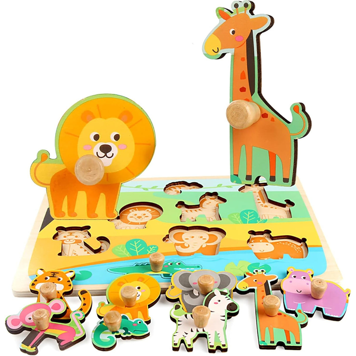 Puzzle Montessori din Lemn pentru Copii, Flippy, 0-3 Ani, Model Animale din Jungla, Educativ, Intuitiv, Creativ, 9 Piese, 30x22.5x0.8 cm, Multicolor