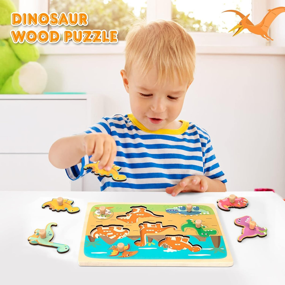 Puzzle Montessori din Lemn pentru Copii, Flippy, 3D, 0-3 Ani, Model Dinozauri, Educativ, Intuitiv, Creativ, 8 Piese, 30x22.5x0.8 cm, Multicolor