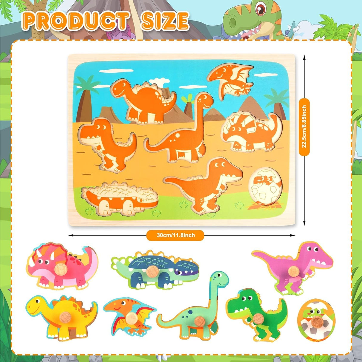Puzzle Montessori din Lemn pentru Copii, Flippy, 3D, 0-3 Ani, Model Dinozauri, Educativ, Intuitiv, Creativ, 8 Piese, 30x22.5x0.8 cm, Multicolor