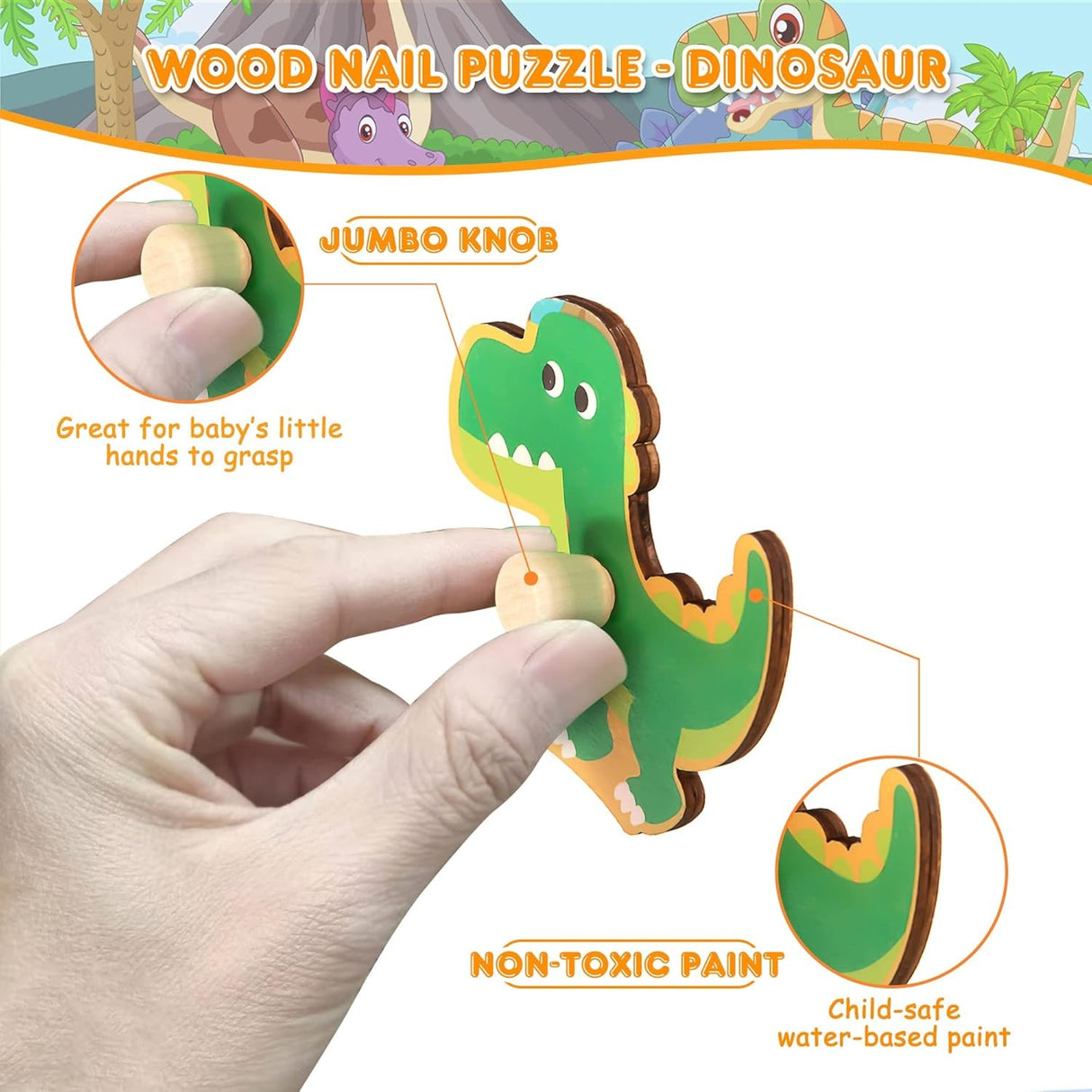 Puzzle Montessori din Lemn pentru Copii, Flippy, 3D, 0-3 Ani, Model Dinozauri, Educativ, Intuitiv, Creativ, 8 Piese, 30x22.5x0.8 cm, Multicolor