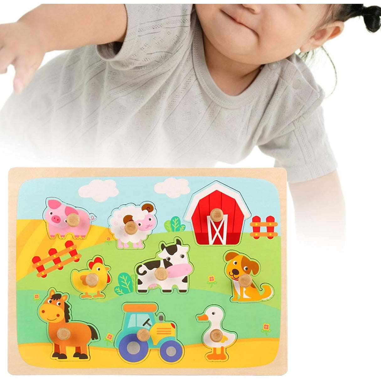 Puzzle Montessori din Lemn pentru Copii, Flippy, 3D, 0-3 Ani, Model Ferma, Educativ, Intuitiv, Creativ, 9 Piese, 30x22.5x0.8 cm, Multicolor