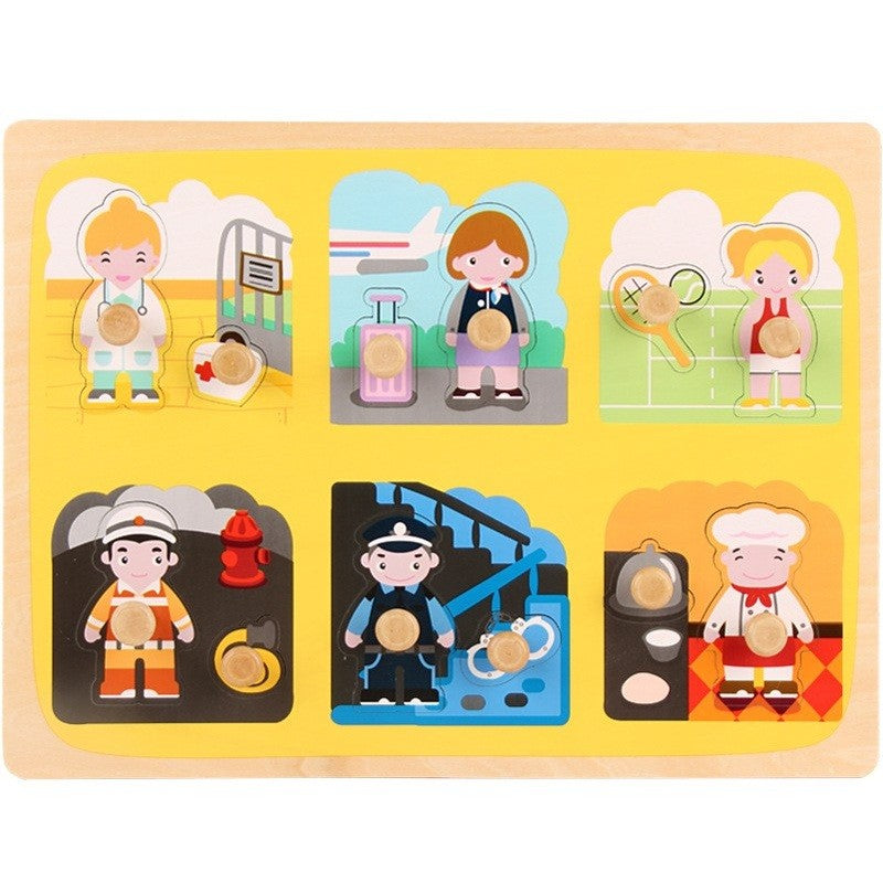 Puzzle Montessori din Lemn pentru Copii, Flippy, 3D, 0-3 Ani, Model Profesii, Educativ, Intuitiv, Creativ, 6 Piese, Multicolor