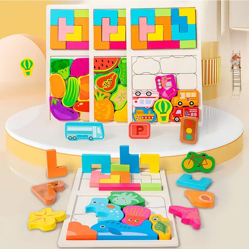Puzzle Montessori din Lemn pentru Copii, Vivimall, Tip Tetris 2in1 +3 Ani, cu Fructe Colorate 3D, Educativ, Intuitiv, Creativ, 21 de Piese, 28.5x17x1.2 cm, Multicolor - vivimall.ro