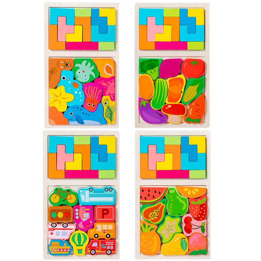Puzzle Montessori din Lemn pentru Copii, Vivimall, Tip Tetris 2in1 +3 Ani, cu Fructe Colorate 3D, Educativ, Intuitiv, Creativ, 21 de Piese, 28.5x17x1.2 cm, Multicolor - vivimall.ro