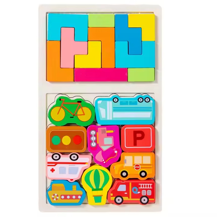 Puzzle Montessori din Lemn pentru Copii, Vivimall, Tip Tetris 2in1, +3 Ani, cu Masini Colorate 3D, Educativ, Intuitiv, Creativ, 21 de Piese, 28.5x17x1.2 cm, Multicolor - vivimall.ro