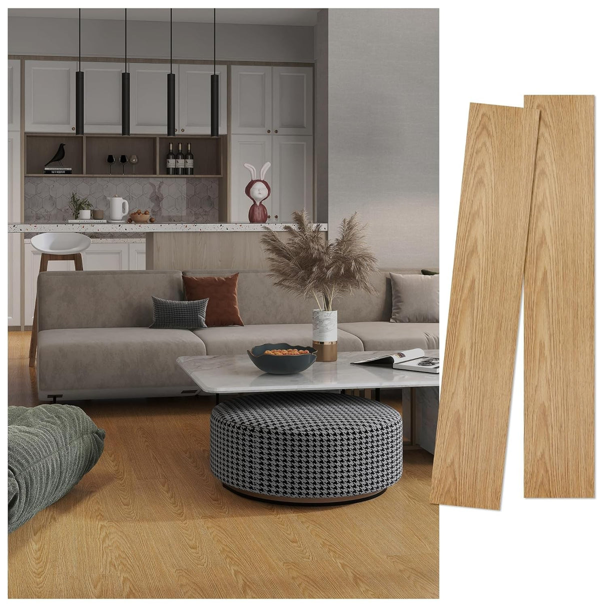 Set 36 Placi Autoadezive pentru Pardoseala, Flippy, din PVC, Impermeabil, Ignifug, Usor de Curatat, Dimensiune Placa 91.44 x 15.24 cm, Grosime 1.5 mm, Acoperire 5 m2, Model 12, Crem - vivimall.ro