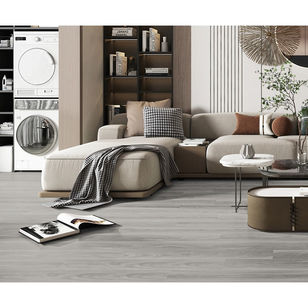 Set 36 Placi Autoadezive pentru Pardoseala, Flippy, din PVC, Impermeabil, Ignifug, Usor de Curatat, Dimensiune Placa 91.44 x 15.24 cm, Grosime 1.5 mm, Acoperire 5 m2, Model 1, Gri - vivimall.ro