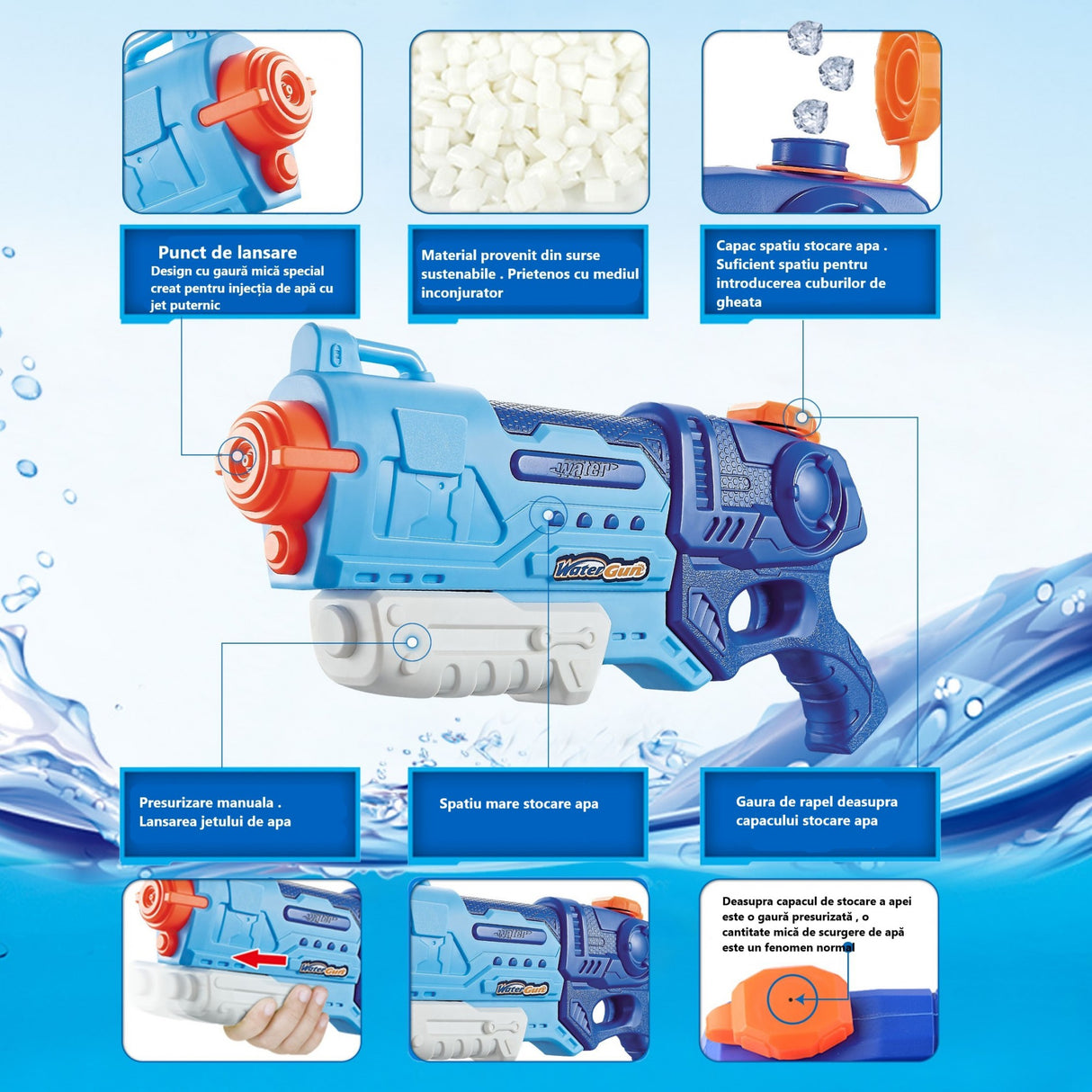 Pistol cu Apa pentru Copii, Rezervor, Pentru Piscina/Plaja, Vivimall, 6ani+, Albastru, 990ML - vivimall.ro