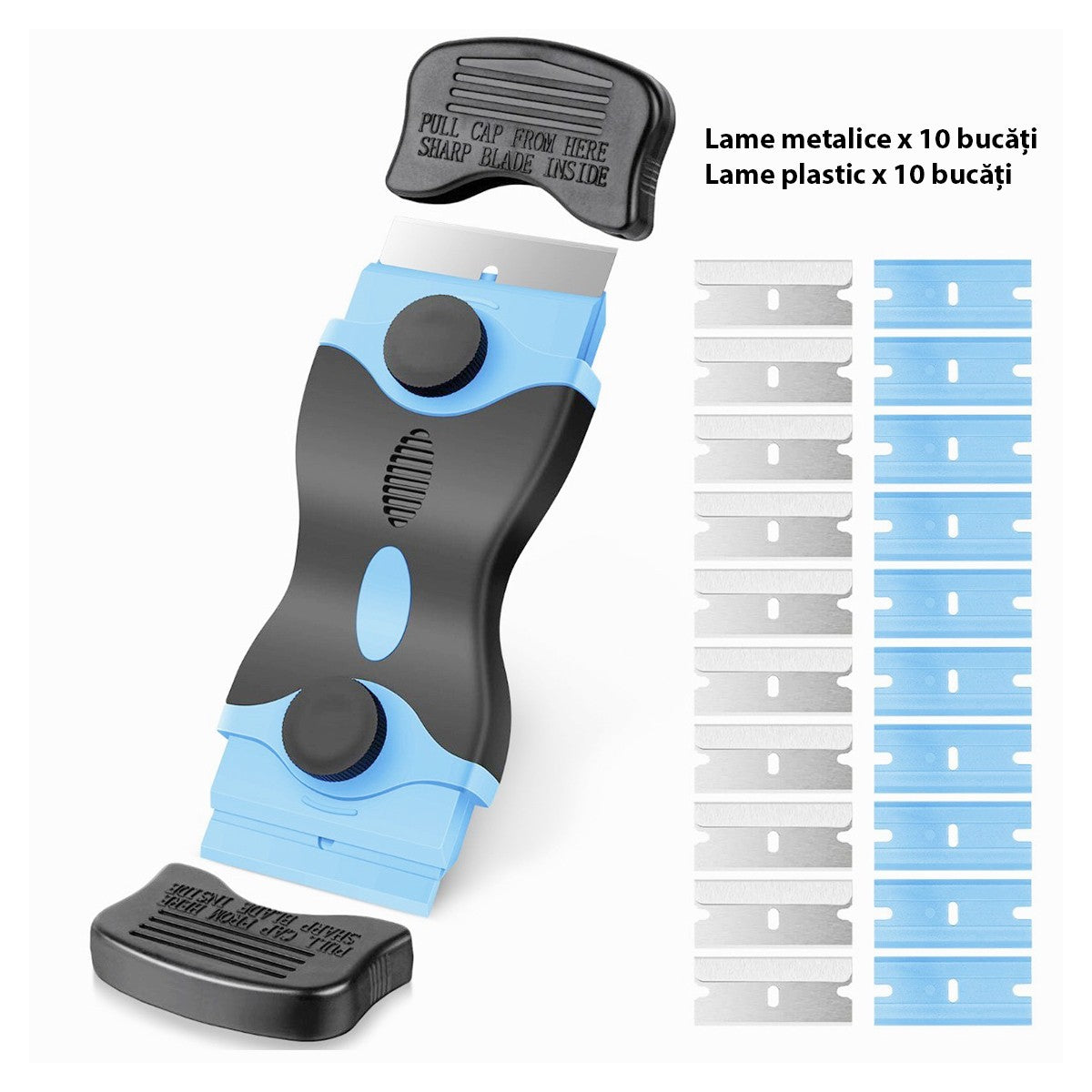 Detaliu mâner ergonomic anti-alunecare racletă Flippy albastră, 12,5x4,5 cm